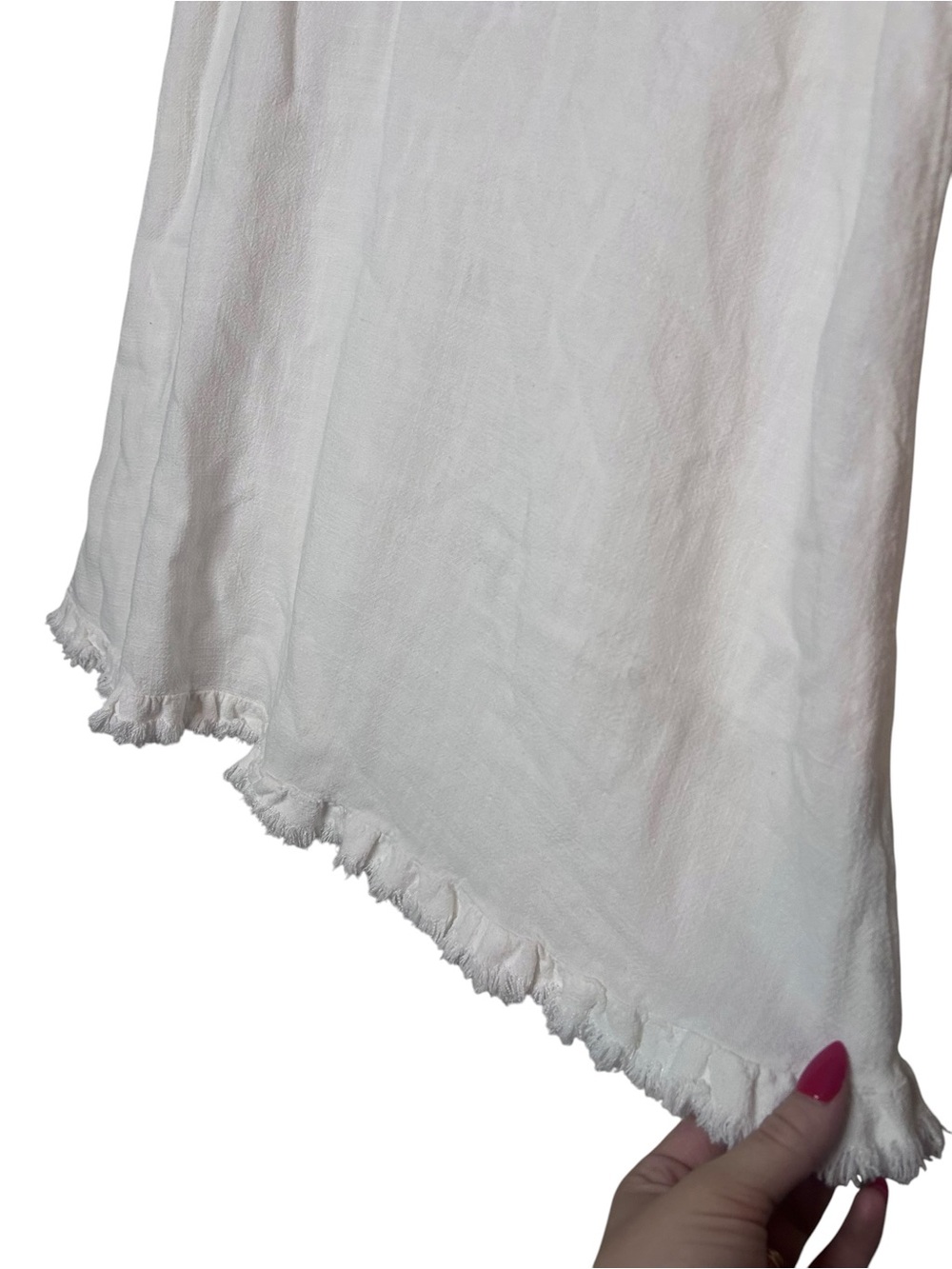 Umgee White Linen Spaghetti Strap Tank with Fringe Hem- Cotton/Linen Blend - Picture 3 of 7